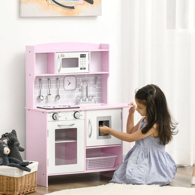 Wooden Play Kitchen, Lights, Sounds, Water Dispenser, Pink Homcom
