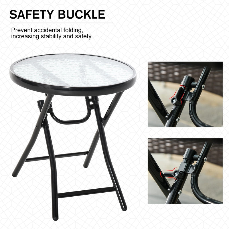 Outsunny Foldable Garden Table, Round Folding Table with Glass Tabletop and Safety Buckle for Patio, Garden, Outdoor, Indoor, Black Outsunny