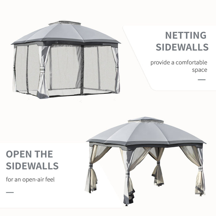 Grey Gazebo With Curtains, Stylish 2 Tier Roof, 3.7x3m