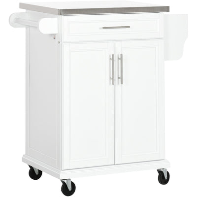 White Wooden Kitchen Island With Stainless Steel Top Homcom