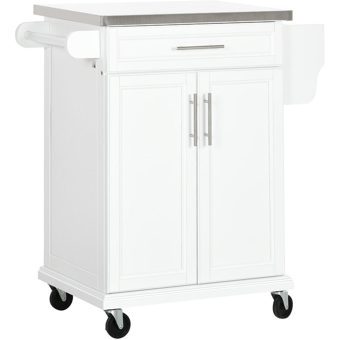 White Wooden Kitchen Island With Stainless Steel Top
