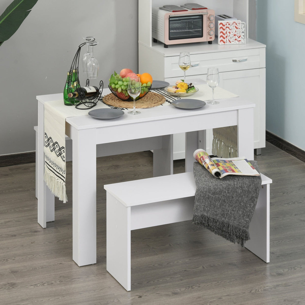 Shop Kitchen Dining Table, 2 Benches Set, White, Space-Saver — Opal Retail