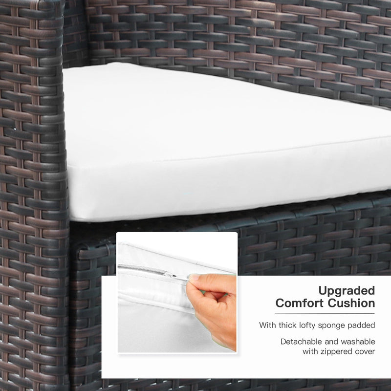 Image of brown rattan 6 seater patio table and chairs dining set with cream cushions