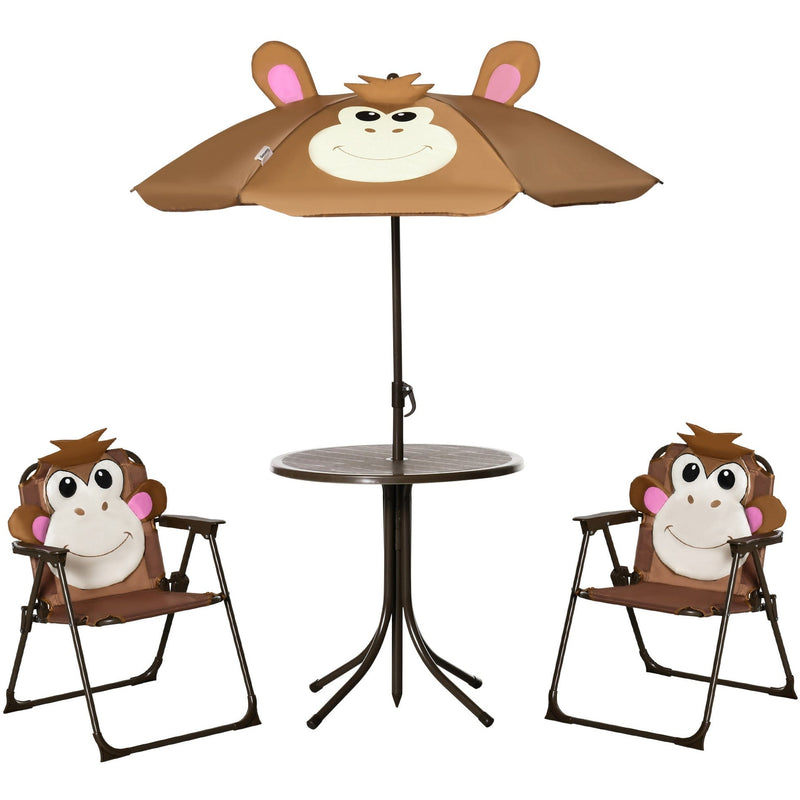 Outsunny Kids Picnic & Table Chair set, Outdoor Folding Garden Furniture w/ Monkey Design, Removable, Adjustable Sun Umbrella, Ages 3-6 Years - Brown Outsunny