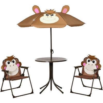 Outsunny Kids Picnic & Table Chair set, Outdoor Folding Garden Furniture w/ Monkey Design, Removable, Adjustable Sun Umbrella, Ages 3-6 Years - Brown Outsunny