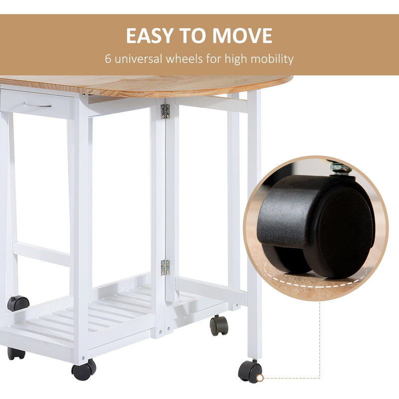 HOMCOM 3PC Wooden Kitchen Cart Mobile Rolling Trolley Folding Bar Table Two Stools Dining Chair Storage Shelf w/2 Drawers & 6 Wheels Homcom