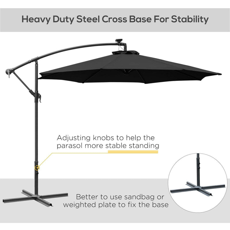 3m Banana Cantilever Patio Umbrella With Lights, Cross Base