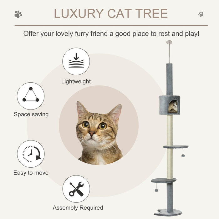 Multi-Layer Cat Tree, Scratching Post, Hanging Balls, Grey