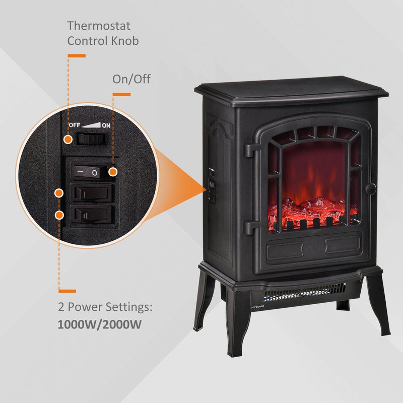 Freestanding Electric Fireplace Stove, 1000W/2000W, Black