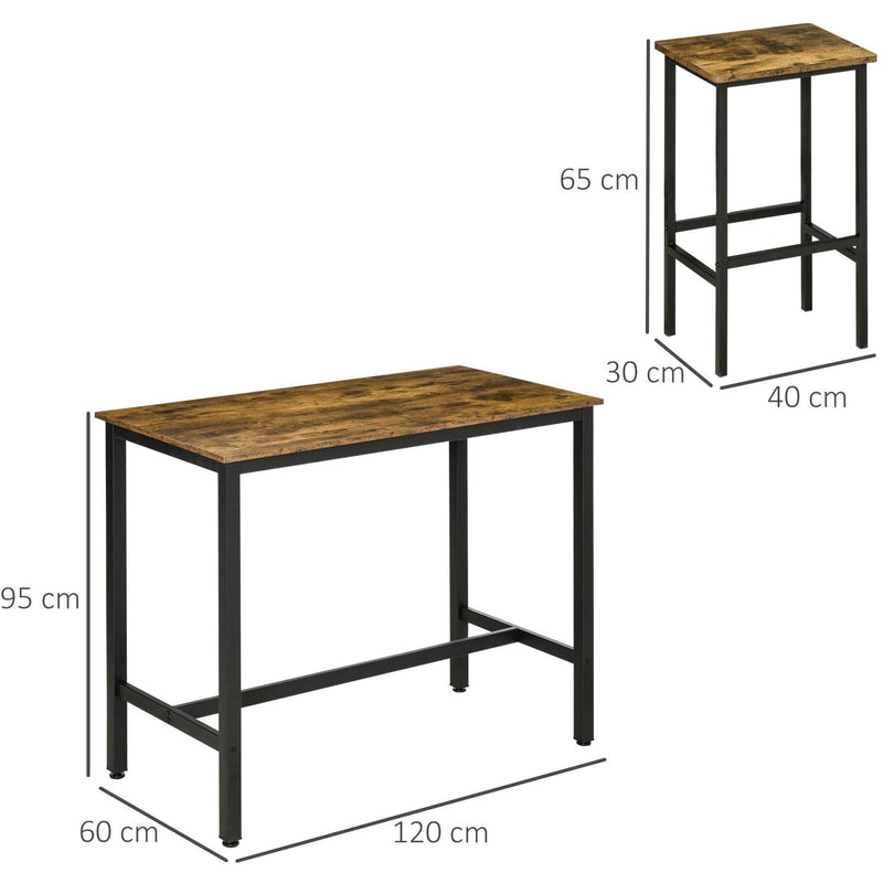 Industrial Kitchen Table and Stools, Rustic Brown