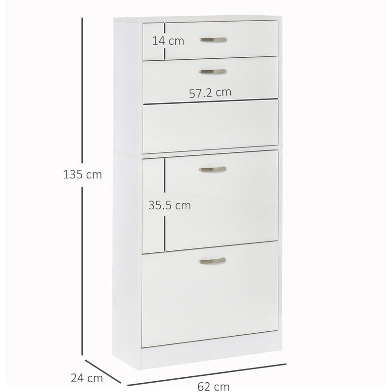 High Gloss Shoe Cabinet, 4 Drawers, 18 Pairs - White