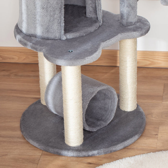Cat Tree Tower, Jute Post, Bed Tunnel, Hanging Balls, Grey