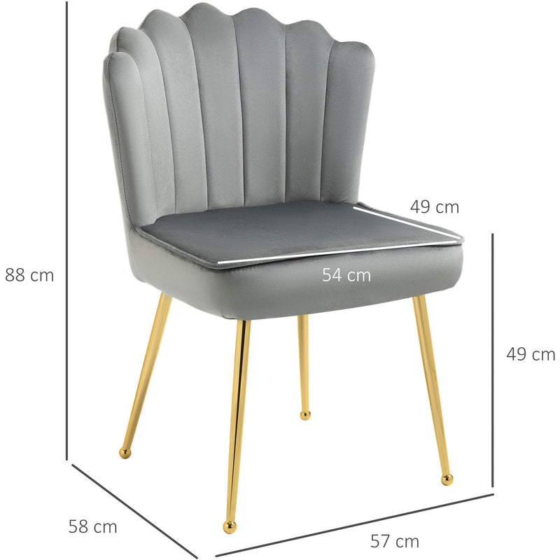 Grey Velvet Shell Back Chair With Gold Metal Legs