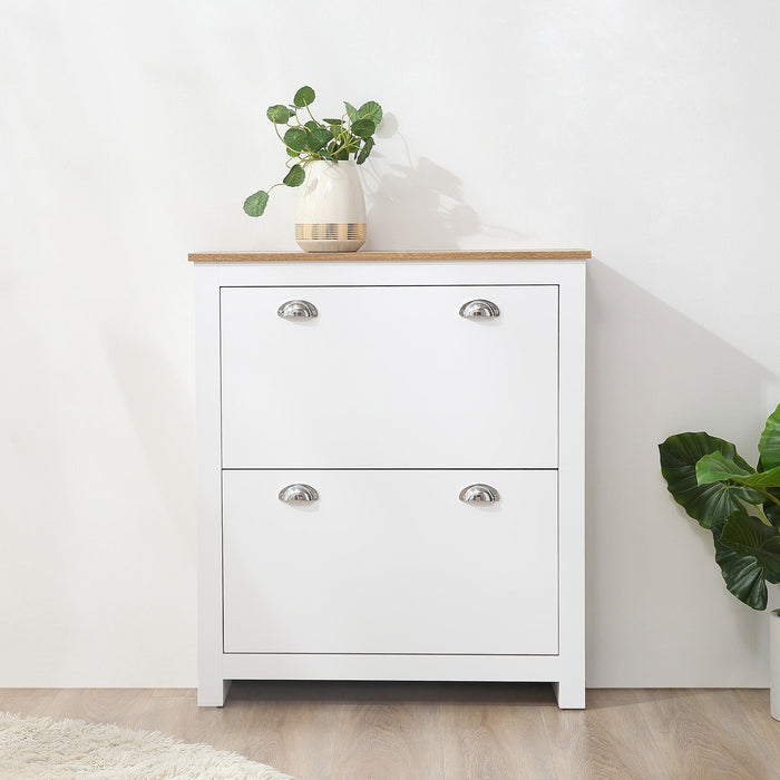 White Narrow Shoe Cabinet: 2 Drawers, 12-Pair Capacity