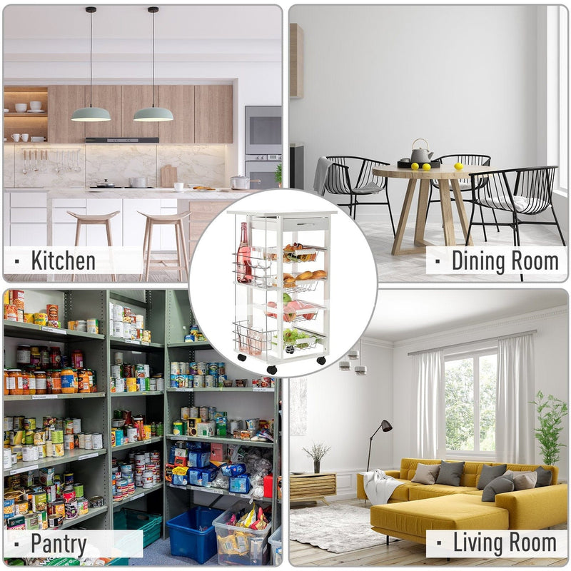 Kitchen Island on Wheels, 4 Baskets, 2 Racks