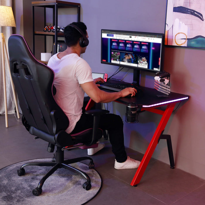 Gamer Desk With LED Lights Cable Management Controller Rack