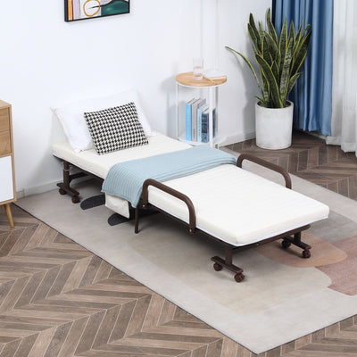 Folding Guest Bed With Mattress, Metal Frame, Wheels Homcom