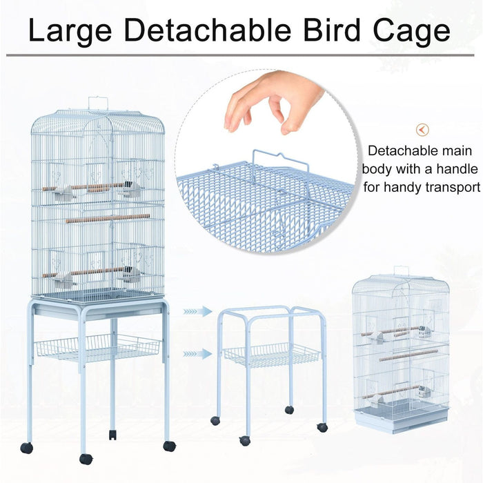 Large Metal Bird Cage With Breeding Stand, Wheels, Blue