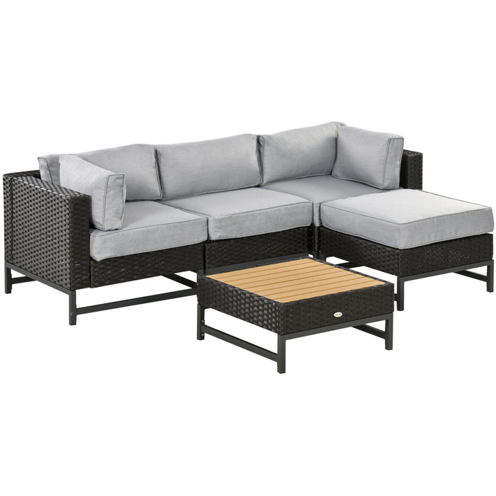 Outdoor Rattan Corner Sofa with Wood Grain Table & Cushions