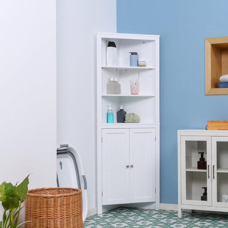 kleankin Triangle Bathroom Cabinet, Corner Bathroom Storage Unit with Cupboard and 3-Tier Shelves, Free Standing, White Kleankin