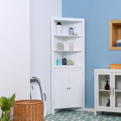 kleankin Triangle Bathroom Cabinet, Corner Bathroom Storage Unit with Cupboard and 3-Tier Shelves, Free Standing, White Kleankin