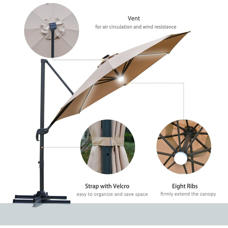 Image of a brown cantilever parasol with solar lights