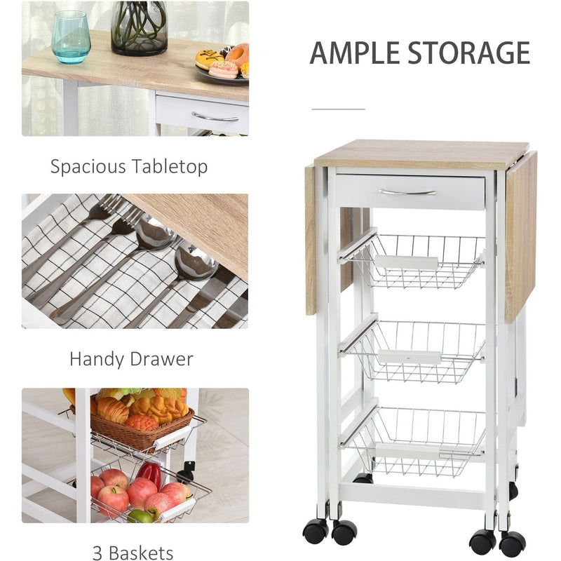 Kitchen Trolley on Wheels, Drop Leaf, 3 Baskets, White Oak
