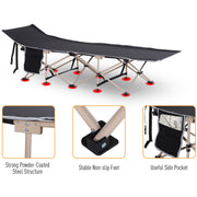 Outsunny Single Person Camping Folding Cot Outdoor Patio Portable Military Sleeping Bed Travel Guest Leisure Fishing with Side Pocket, Black Outsunny