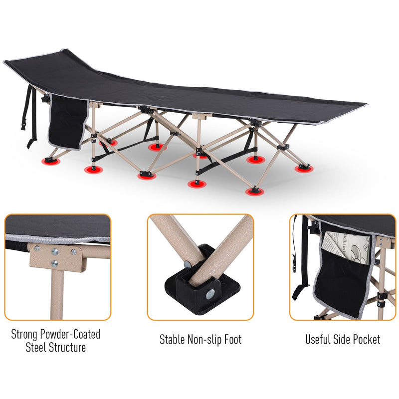 Outsunny Single Person Camping Folding Cot Outdoor Patio Portable Military Sleeping Bed Travel Guest Leisure Fishing with Side Pocket, Black Outsunny