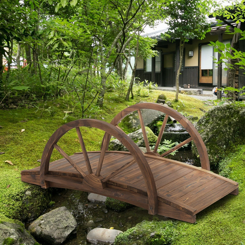 Wooden Garden Bridge, Arc Footbridge, Half Wheeled Railings Outsunny