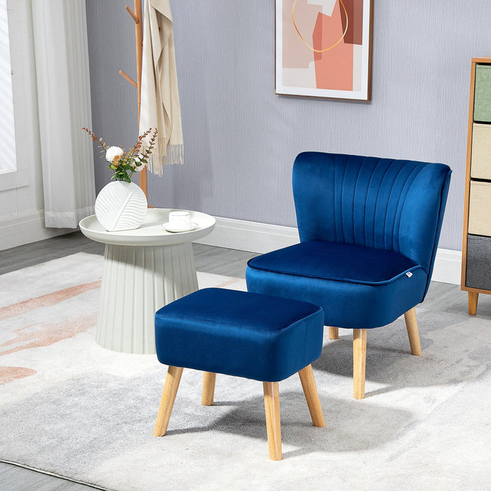 Contemorary Blue Velvet Accent Chair With Footstool