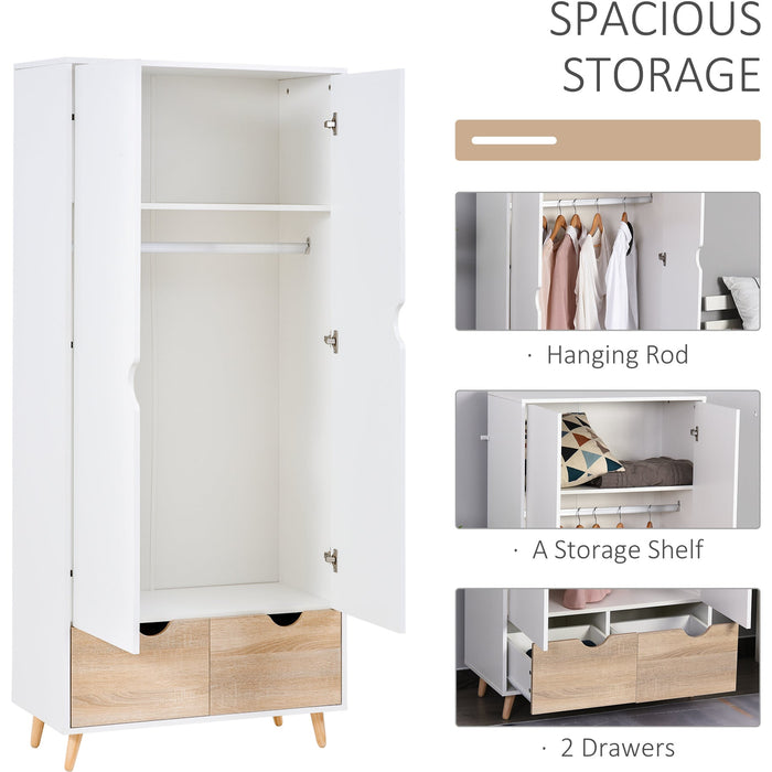 White Wardrobe: 2-Doors, 2 Drawers, Rail & Shelf