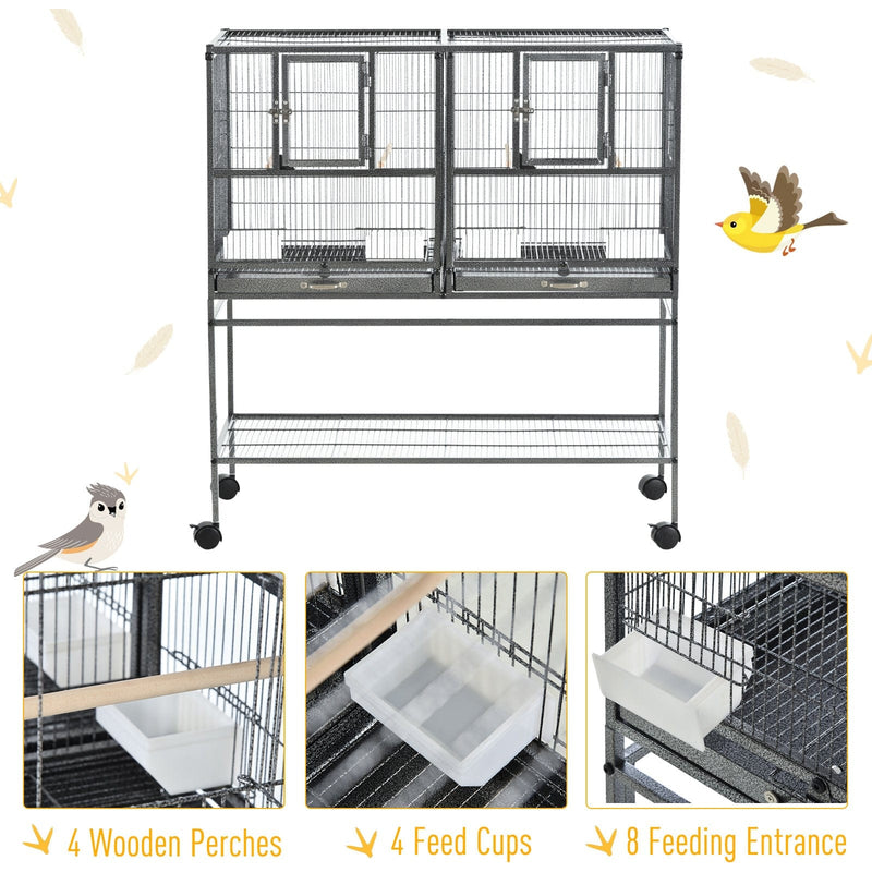 PawHut Double Rolling Metal Bird Cage Parrot Cage with Removable Metal Tray, Storage Shelf, Wood Perch, and Food Container Pawhut