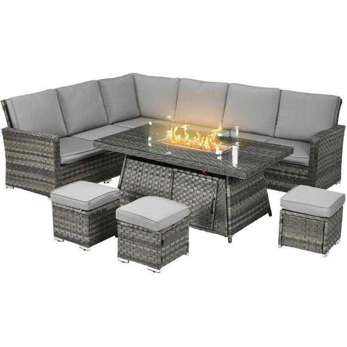 9 Seater Rattan Corner Sofa with Fire Pit Table & Footstools