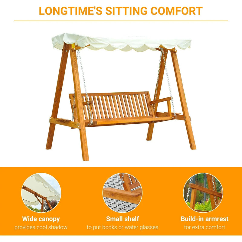 3 Seater Wooden Garden Swing, Cream White Outsunny