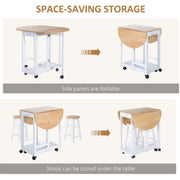 HOMCOM 3PC Wooden Kitchen Cart Mobile Rolling Trolley Folding Bar Table Two Stools Dining Chair Storage Shelf w/2 Drawers & 6 Wheels Homcom