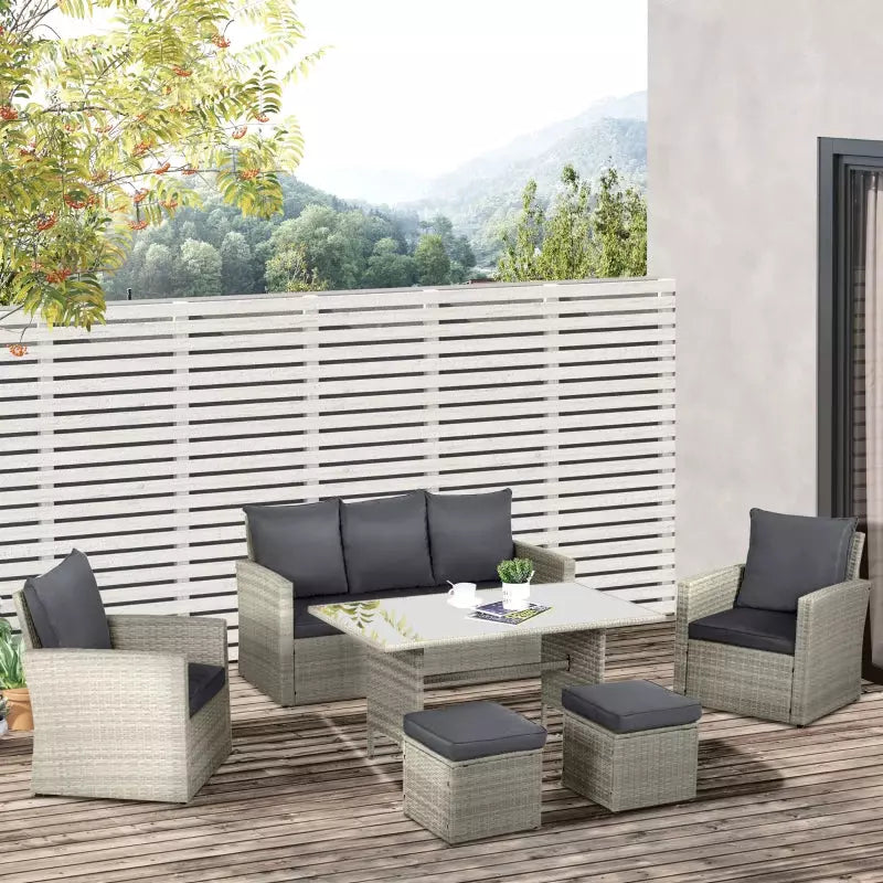 6 Piece Outdoor Dining Set with Rattan Chairs & Glass Table