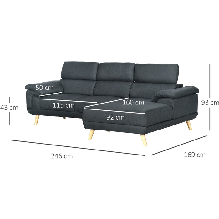 Dark Grey Fabric L Shaped 3-Seater Sofa