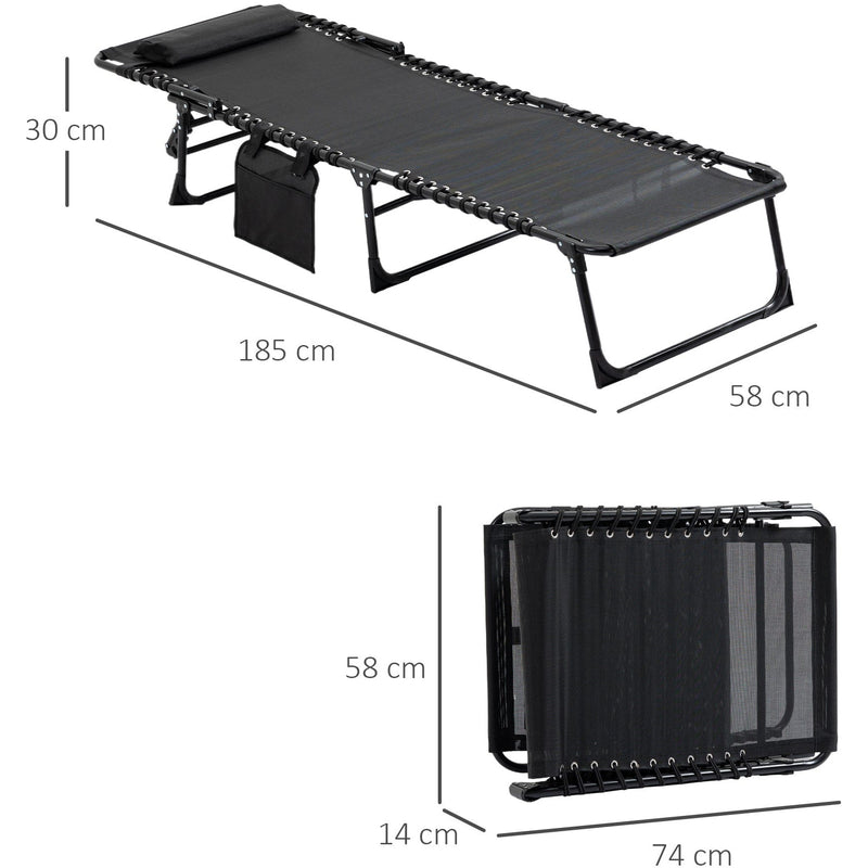 Outsunny Portable Sun Lounger, Folding Camping Bed Cot, Reclining Lounge Chair 5-position Adjustable Backrest w/Side Pocket for Patio Garden Black Outsunny