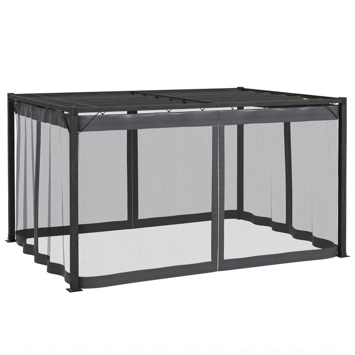 Metal Pergola Kit With Retractable Roof and Mosquito Net, Dark Grey