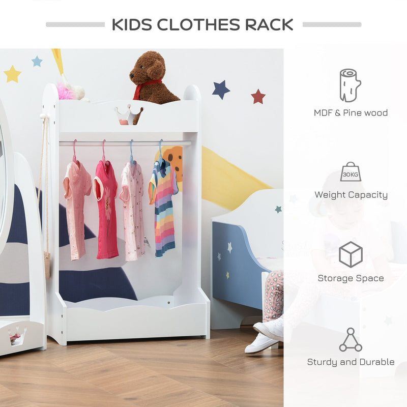 Kids White Wooden Clothes Rack with Storage for Ages 3-8