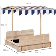 Wooden Sandpit with Adjustable Canopy and Benches for Shaded Outdoor Play Natural Blue White Outsunny