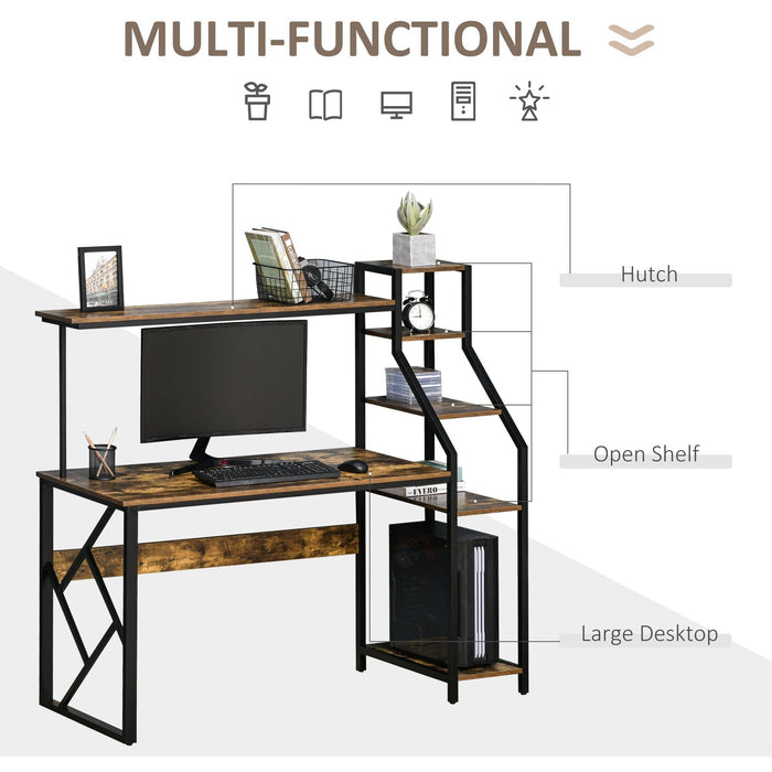 Industrial Computer Desk With Shelves, Rustic Brown