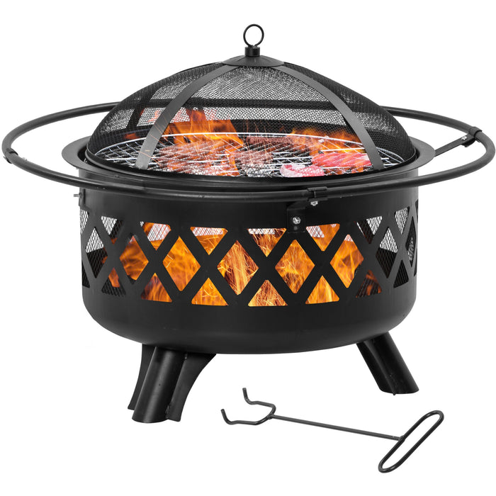 2-in-1 Outdoor Fire Pit BBQ Grill Patio Heater, Spark Guard