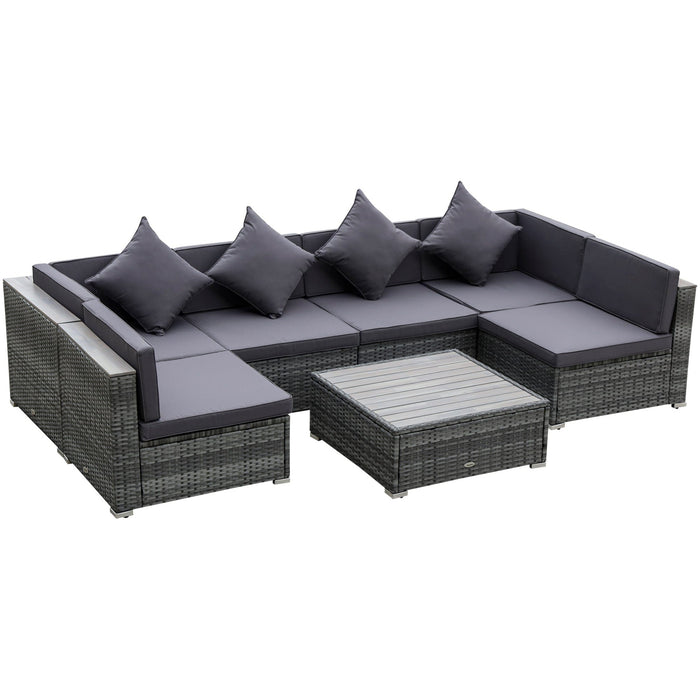 7pc Grey Wicker Patio Furniture Set with Acacia Table Top