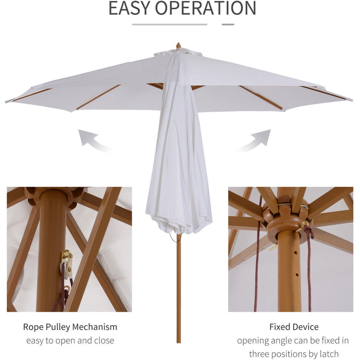 3m Wooden Parasol - Cream White, 8 Ribs