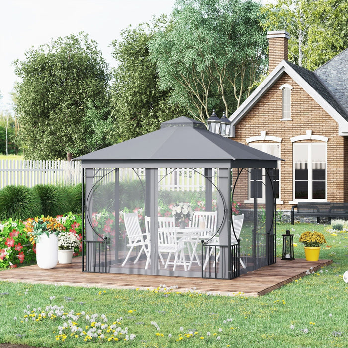 Metal Frame Gazebo With Privacy Curtains, Double Tier, 3x3m