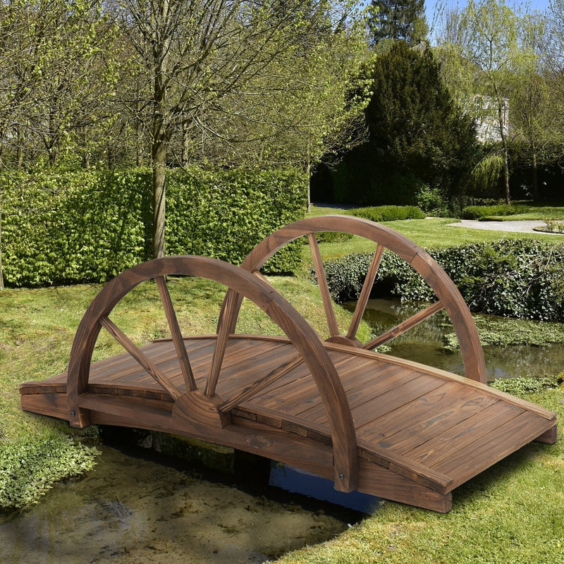 Wooden Garden Bridge, Arc Footbridge, Half Wheeled Railings Outsunny