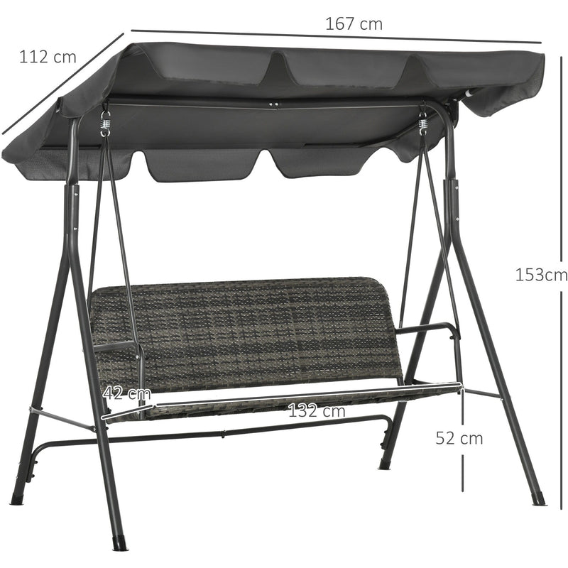 3 Seater Rattan Garden Swing Chair With Grey Canopy Outsunny
