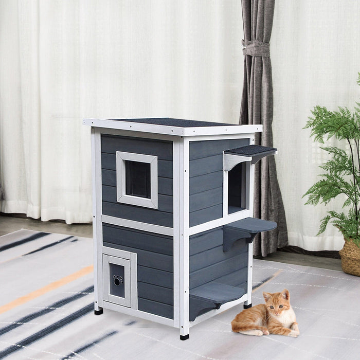 Solid Wood 2-Floor Cat Condo, Kitten Shelter, Window